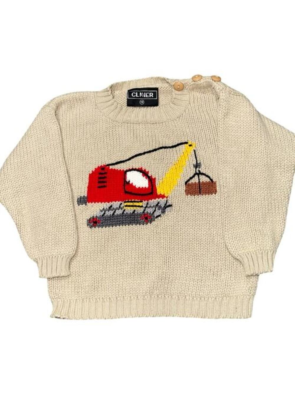 Claver Baby Boys Size 12 mos Cream Red Crane Excavator Cotton Knit Sweater